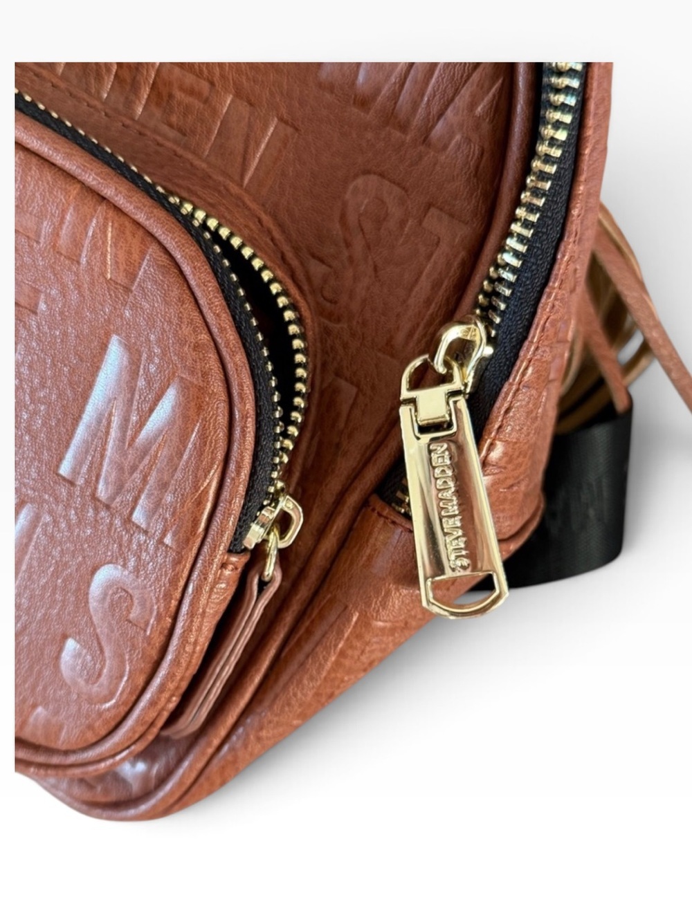 Steve Madden Cognac Faux-Leather Mini Backpack with Embossed Logo - Picture 3 of 10